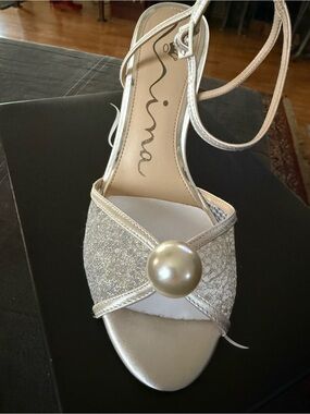 Nina Silver Glitter Pearl-Accent Ankle-Strap Heels
